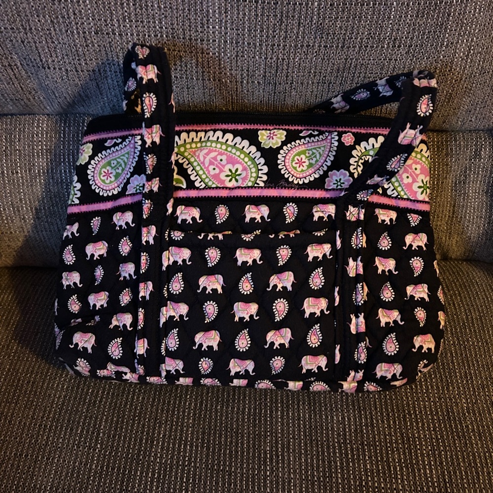 Quilted Black Tote with Pink Elephant & Paisley Print